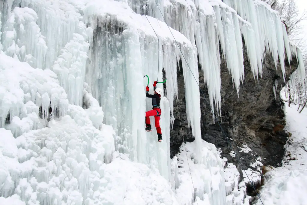 Ice climbing the waterfall.