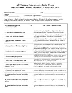 Summer Mountaineering Leader - Instructor PLAR Form - Alpine Club of Canada