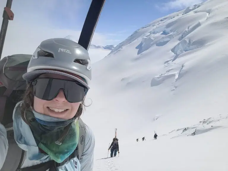 Megan Cramb takes a selfie as the team bootpack up to the East ridge of Mt Badham.
